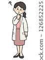 手繪風格：女醫生身穿白大褂，上面有問號，前襟敞開，裙子款式 126852225