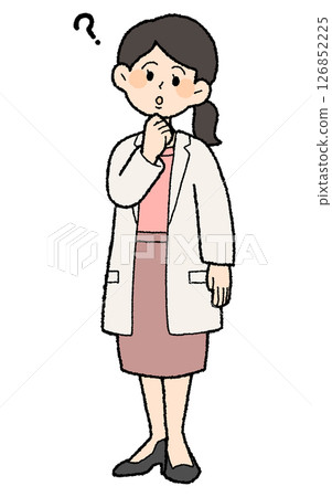 Hand-drawn style: Female doctor wearing a white coat with a question mark on it, open at the front, skirt style 126852225