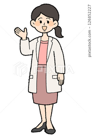 手繪風格:身穿白大褂、前襟敞開的女醫生,擺出「請」的姿勢,裙子風格 手繪風格:身穿白大褂、前襟敞開的女醫生,擺出「請」的姿勢,裙子風格 126852227