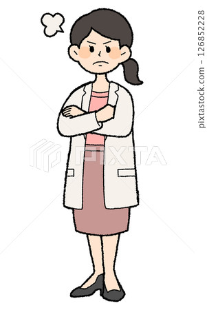 手繪風格:憤怒的女醫生穿著白大褂,前開前開,裙子風格 手繪風格:憤怒的女醫生穿著白大褂,前開前開,裙子風格 126852228