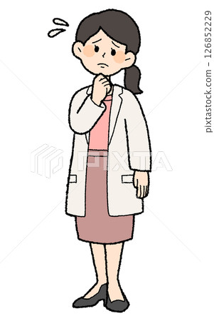 手繪風格:一位身穿麻煩的白大褂、前襟敞開的裙子式女醫生 手繪風格:一位身穿麻煩的白大褂、前襟敞開的裙子式女醫生 126852229