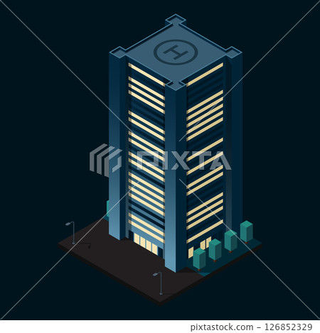 Isometric city building at night. Isometric modern building. Skyscraper building or business office. Vector illustration 126852329