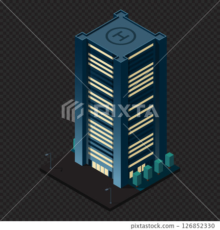 Isometric city building at night. Isometric modern building. Skyscraper building or business office. Vector illustration 126852330