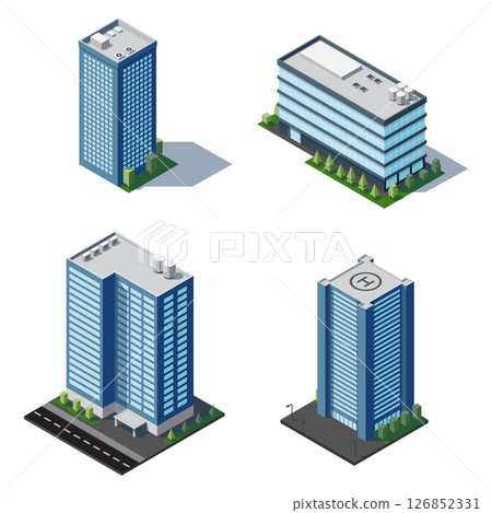 Set of isometric city building. Isometric modern building. Skyscraper building or business office. Vector illustration 126852331