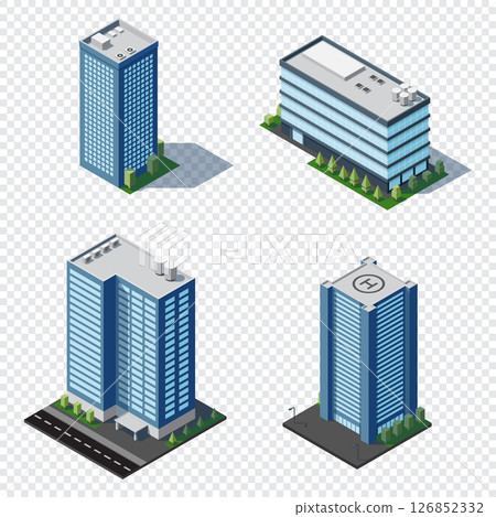 Set of isometric city building. Isometric modern building. Skyscraper building or business office. Vector illustration 126852332