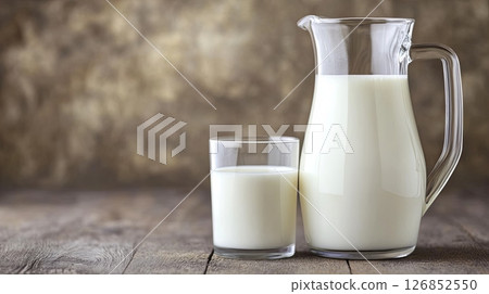 Large jug and glass of milk placed on a textured wood table, styled naturally for health and traditional dairy themes. 126852550