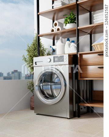 Laundry room setup featuring a sleek washer and natural decor elements. 3D render illustration 126852587