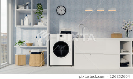 Stylish laundry space featuring modern washing machine and fresh decor. 3D render illustration Stylish laundry space featuring modern washing machine and fresh decor. 3D render illustration 126852604