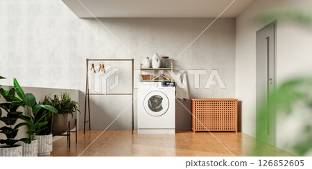 Modern laundry area with functional design elements and a stylish washing machine. 3D render illustration Modern laundry area with functional design elements and a stylish washing machine. 3D render illustration 126852605