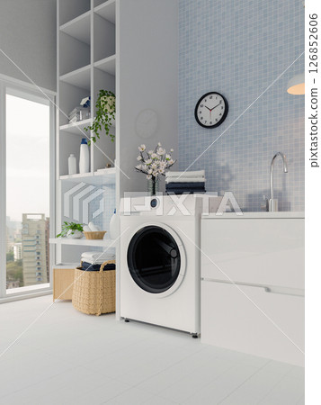 Clean home laundry design with focus on convenient appliances and decor. 3D render illustration 126852606