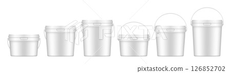 White plastic buckets with handle and lid. Vector mockup of a food or building mixtures packaging. A bucket of paint or putty. Small, medium and large sizes 126852702