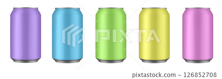 Set of pink, yellow, green, blue and purple tin cans of energy drink, juice or soda. Cocktail of fitness drink. Cold beverages 126852708