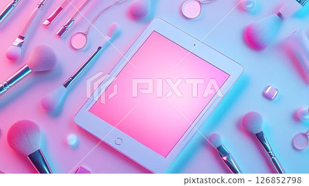 Pastel background 3D mockup of an iPad among soft cloud-like throw pillows, table runners, and floating ceramic dishes Beauty-Themed Digital Sketch or Planning Devices Home Decor Elements in Tech	 126852798