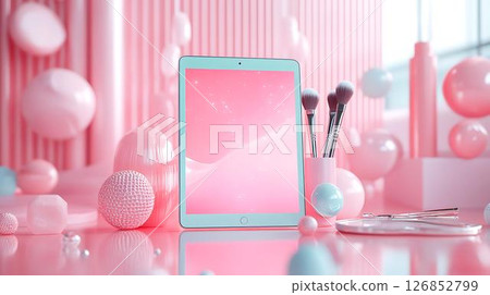 Pastel background 3D mockup of an iPad among soft cloud-like throw pillows, table runners, and floating ceramic dishes Beauty-Themed Digital Sketch or Planning Devices Home Decor Elements in Tech	 126852799