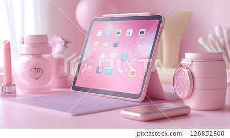 Pastel background 3D mockup of an iPad among soft cloud-like throw pillows, table runners, and floating ceramic dishes Beauty-Themed Digital Sketch or Planning Devices Home Decor Elements in Tech	 126852800