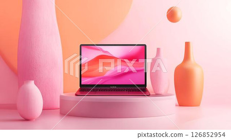 Pastel background 3D mockup of a MacBook surrounded by floating skincare jars and face mist particles Beauty-Inspired Digital Workspaces Home and Wellness Desktop Vibes 126852954