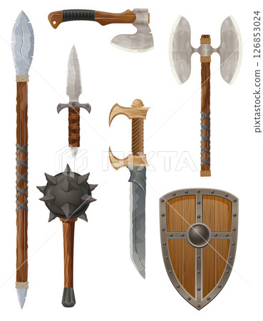 set collection of fantasy ancient weapons and shields vector illustration 126853024