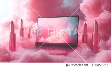 Pastel background 3D mockup of a MacBook surrounded by floating skincare jars and face mist particles Beauty-Inspired Digital Workspaces Home and Wellness Desktop Vibes 126853034