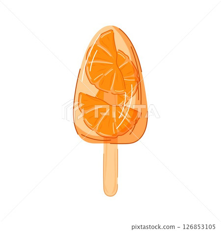 Orange fruit popsicle ice cream with fruit slice inside on wooden stick in cartoon style isolated on white background. Ideal for summer package design, cafe menu. 126853105