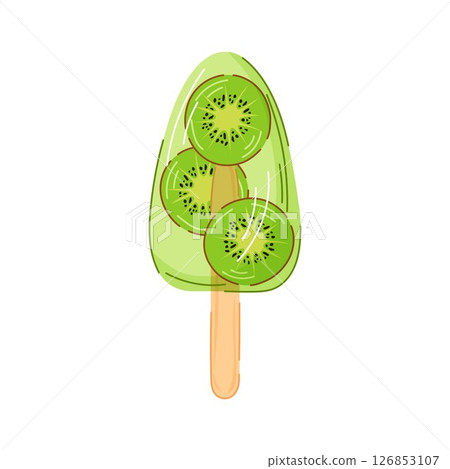 Kiwi popsicle ice cream with Chinese gooseberry inside on wooden stick in cartoon style isolated on white background. Perfect for summer food design, cafe packaging or recipe book. 126853107