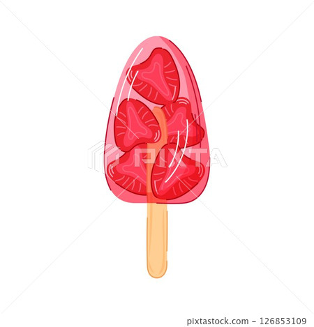 Strawberry popsicle ice cream with fruit slice inside on wooden stick in cartoon style isolated on white background. Ideal for summer design, recipe book or cafe. Strawberry popsicle ice cream with fruit slice inside on wooden stick in cartoon style isolated on white background. Ideal for summer design, recipe book or cafe. 126853109