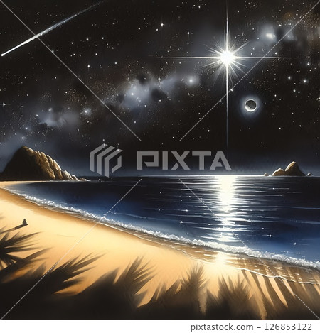 Beautiful night beach scenery with a starry sky and shooting stars, a fantastic sea 126853122