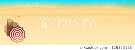 Top view of tropical beach with red striped umbrella wooden sun lounger and flip flops on golden sand with turquoise ocean waves and wide empty space for text or design Top view of tropical beach with red striped umbrella wooden sun lounger and flip flops on golden sand with turquoise ocean waves and wide empty space for text or design 126853158
