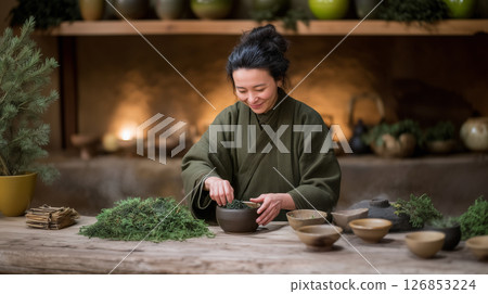 Mindful herbal preparation with organic ingredients and ceramic bowls in warm interior Mindful herbal preparation with organic ingredients and ceramic bowls in warm interior 126853224