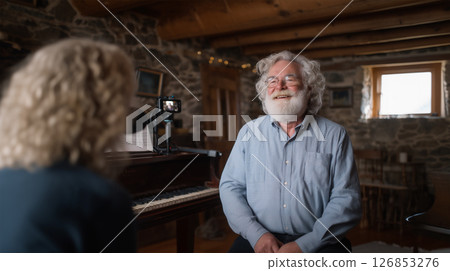 Mature content creator with vintage piano background 126853276
