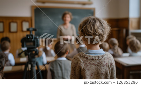 Traditional classroom setting with educational technology documentation 126853280