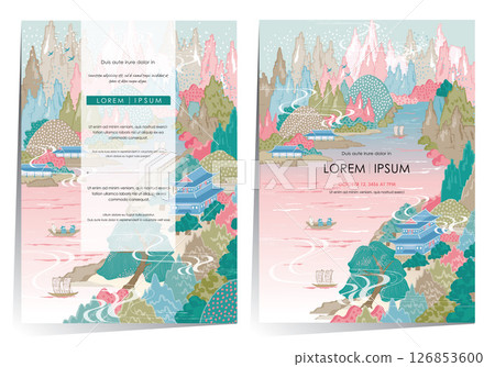 Modern Korean Mountain and River Landscape Vector Illustration Template set Modern Korean Mountain and River Landscape Vector Illustration Template set 126853600