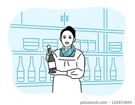 Illustration of a female proprietress of a small restaurant wearing an apron 126853604