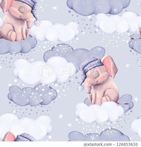 Adorable Elephants on Blue Clouds Seamless Pattern Adorable Elephants on Blue Clouds Seamless Pattern 126853610
