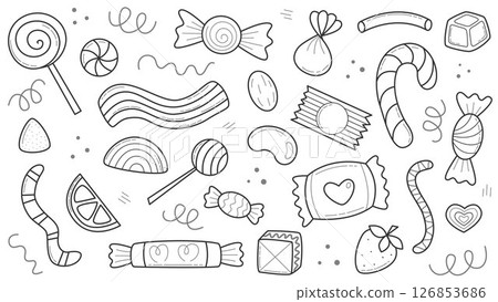 Set of candies and sweets doodle sketch style set 126853686