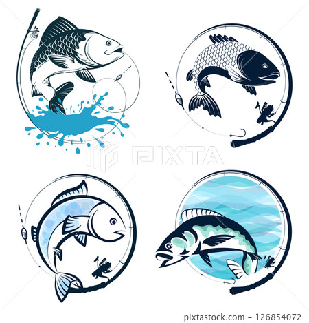 Fish catch and rod, set of signs for fishing 126854072