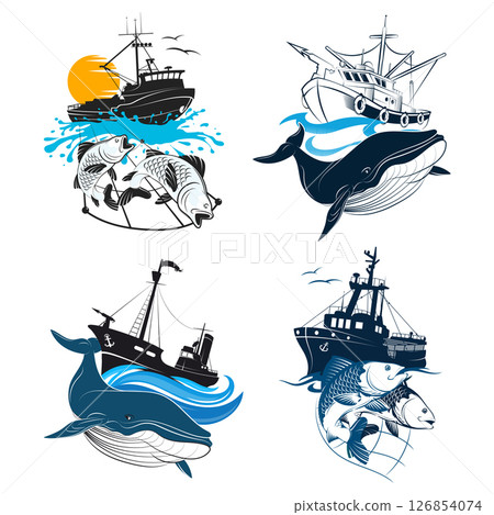 Fishing boat and fish catch, industrial fishing kit 126854074