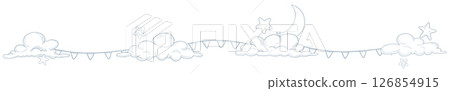 Vector border with clouds, stars, moon, and bunting in engraving style. Linear illustration for baby shower cards, childish invitations, or nursery templates. Outline sketch for kids poster. Vector border with clouds, stars, moon, and bunting in engraving style. Linear illustration for baby shower cards, childish invitations, or nursery templates. Outline sketch for kids poster. 126854915