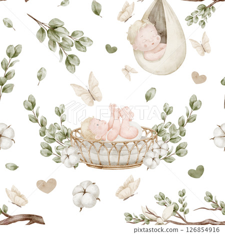 Watercolor baby seamless Pattern with cradle, sleeping Infants, butterflies, and eucalyptus foliage. Illustration with childish background for nursery textiles, wallpaper, or kids wrapping paper. Watercolor baby seamless Pattern with cradle, sleeping Infants, butterflies, and eucalyptus foliage. Illustration with childish background for nursery textiles, wallpaper, or kids wrapping paper. 126854916