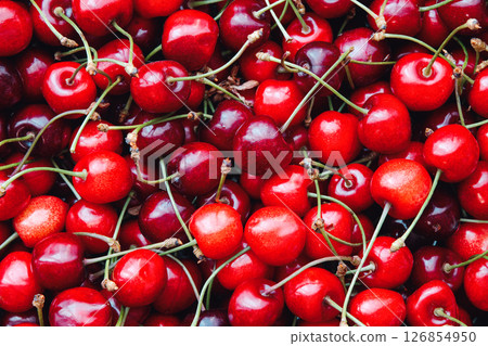 Cherry background, fruit top view, tasty cherries close up 126854950