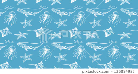 Seamless ocean life pattern with sea fish, crabs, jellyfish, shells and stars. Hand drawn marine elements on blue background for fabric, packaging. Seamless ocean life pattern with sea fish, crabs, jellyfish, shells and stars. Hand drawn marine elements on blue background for fabric, packaging. 126854985