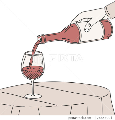Hand pouring red wine from bottle into glass. Sketch illustration. Hand pouring red wine from bottle into glass. Sketch illustration. 126854991