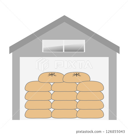 A large amount of stockpiled rice and old rice stored in a warehouse. Image of rice storage 126855043
