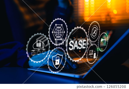 SASE Secure Access Service Edge Cybersecurity Concept. Digital representation of SASE framework with icons for cloud, security, access control, network, support, and secure cloud-based IT solutions. 126855208