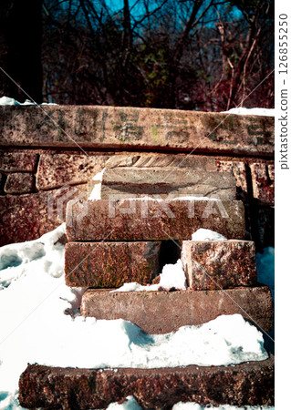 Snow-covered stone steps leading through a forest. 126855250