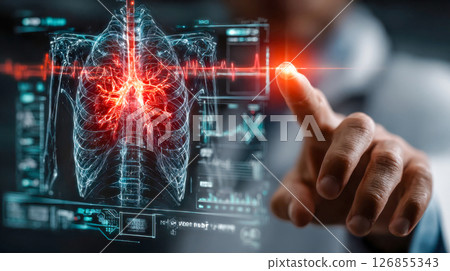 Wireframe robotic hand activating a digital medical panel with skeletal diagnostics 126855343
