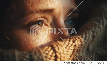 Woman's Eyes Wrapped in a Cozy Knit Scarf Woman's Eyes Wrapped in a Cozy Knit Scarf 126855571