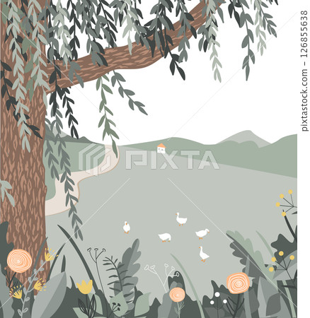 Green weeping willow tree and flowers rustic landscape. Tree branches and flowers summer vector 126855638
