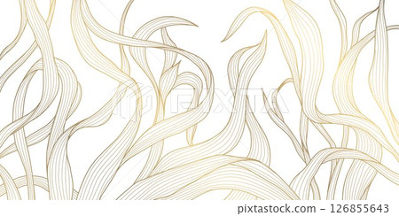 Vector golden on white line leaves pattern, luxury nature illustration, plant flower texture background. Boho foliage ornament, summer floral design, jungle banner. 126855643