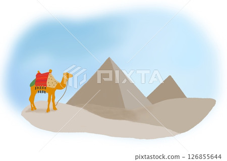 世界遺產金字塔與駱駝在埃及沙漠與金字塔 126855644