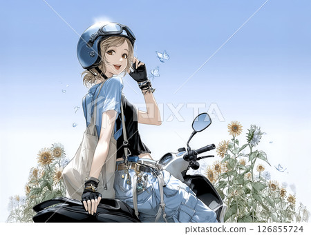 一位年輕女子騎著摩托車前往向日葵田的插畫素材 一位年輕女子騎著摩托車前往向日葵田的插畫素材 126855724